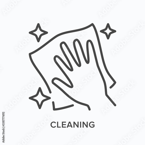 Hand cleaning icon. Vector outline illustration of wipe polish handling. Dust free zone pictogram