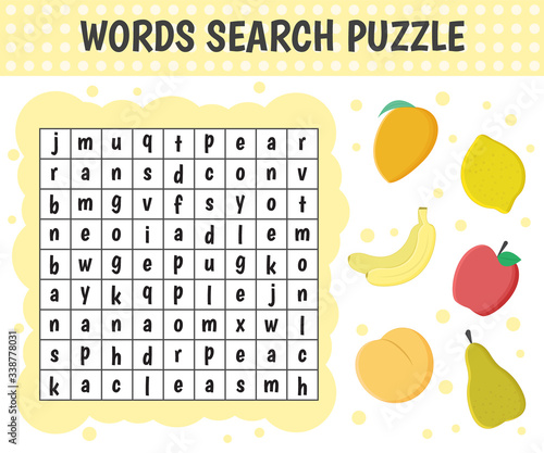 Word search puzzle. Fruit: Apple, banana, pear, peach, mango, lemon. Vector education game for children. 