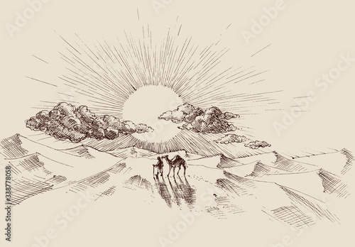 Desert landscape, sand dunes, a traveler and his camel and sunny sky in the background
