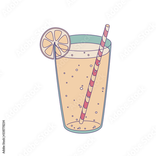 Vector illustration of  lemonade in a glass with straw and lemon slice. Isolated on white background.