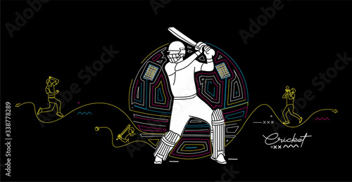 Cricket rainbow flat line banner batsman championship background.