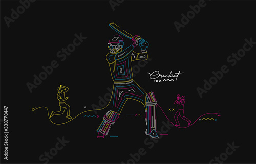 Cricket rainbow flat line banner batsman championship background. © Redshinestudio