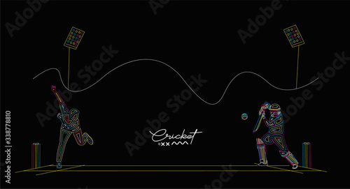Abstract flat line pattern with batsman and bowler playing cricket championship background.