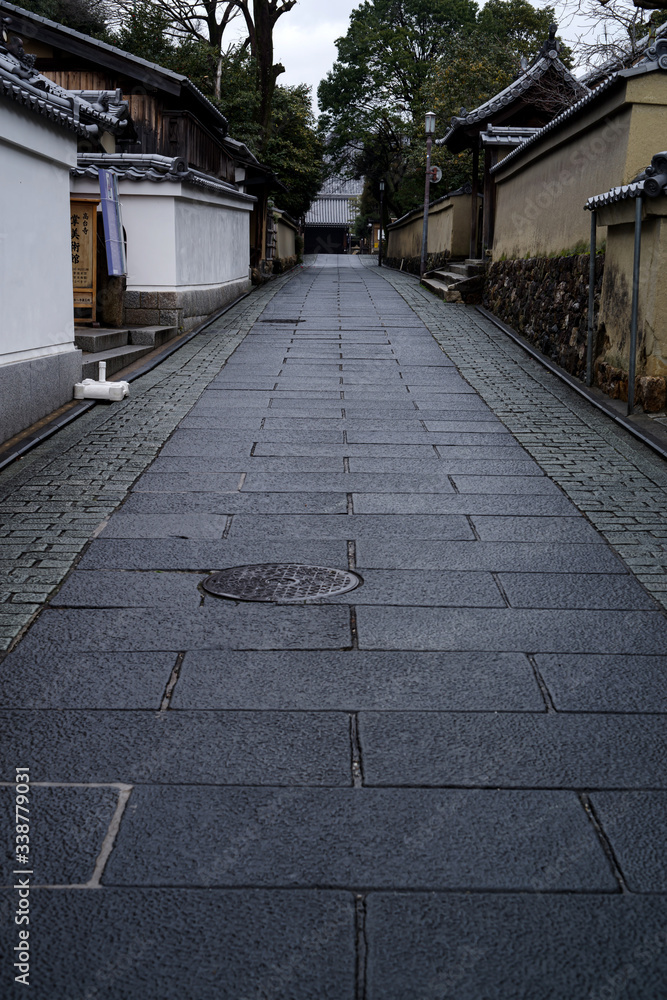 京都・雨上がりの朝、濡れる石畳　ねねの道