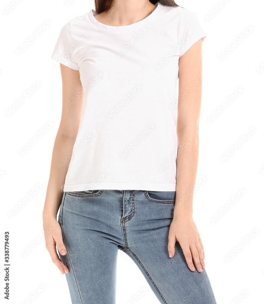 Obraz premium Woman in stylish t-shirt on white background