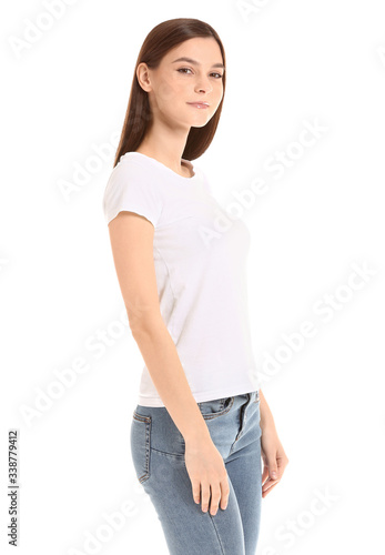 Woman in stylish t-shirt on white background