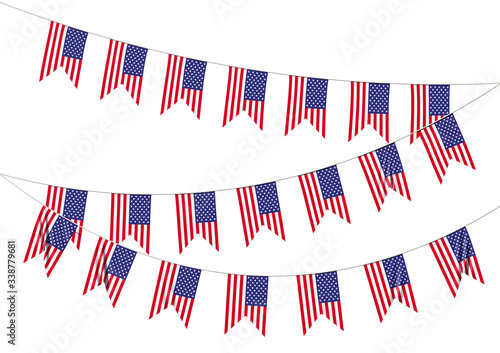 Strings of USA flags decorative hanging bunting isolated