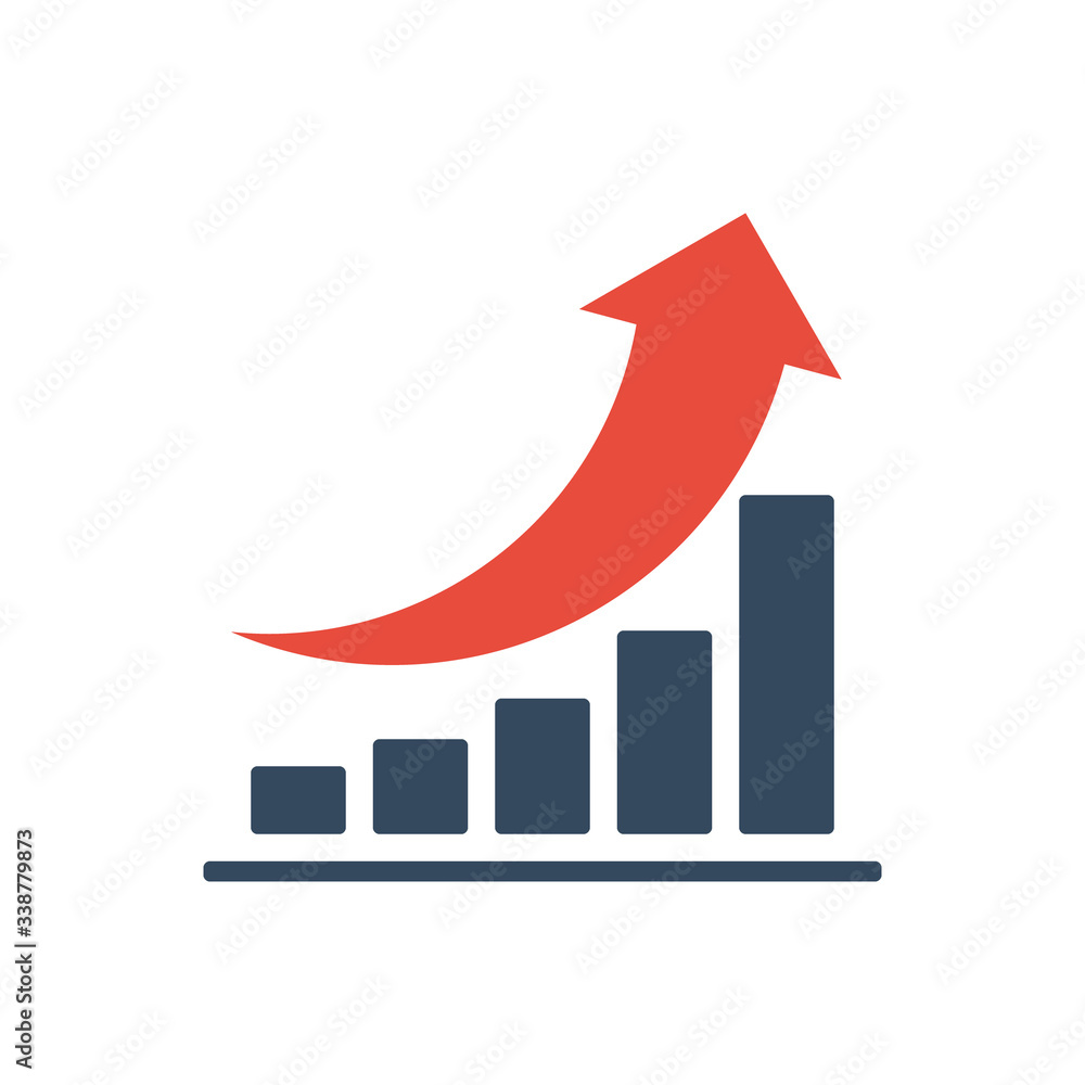 bar chart with rising exponential trend and red arrow, negative dynamic concept bar chart with rising exponential trend and red arrow, negative dynamic concept
