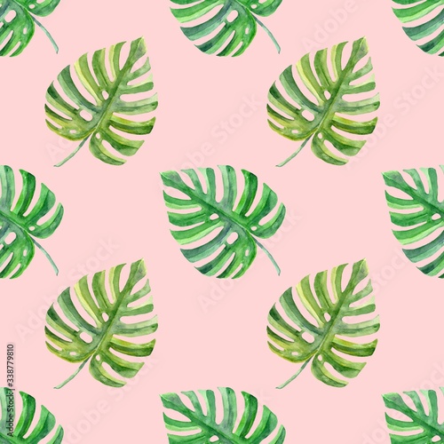 Watercolo tropical floral greenery seamless pattern on pink background. Exotic florals. Monstera leaves wallpaper