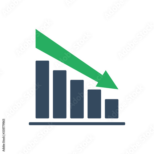 bar chart with falling linear trend and green arrow, positive dynamic concept