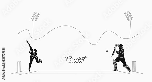 Abstract flat line pattern with batsman and bowler playing cricket championship background.