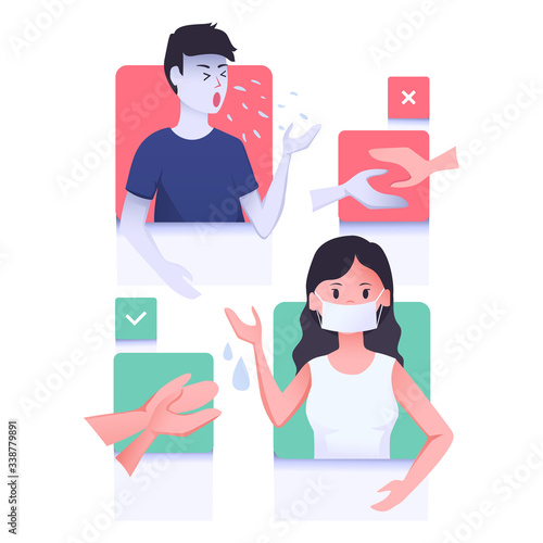 Poster with instructions on how to act to avoid infection and how you can get the infection. Simple positive and negative actions. Care about yourself.