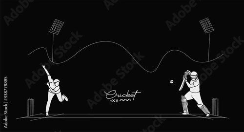 Abstract flat line pattern with batsman and bowler playing cricket championship background.