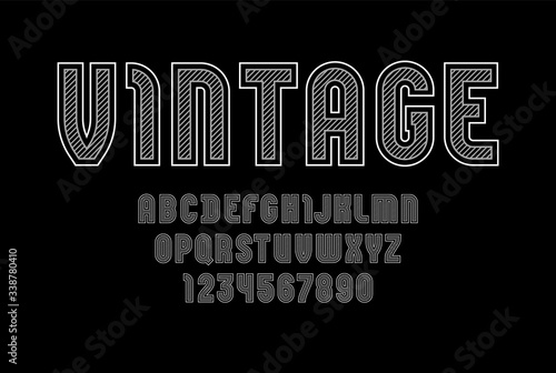 Trendy striped font, gray alphabet sans serif, modern uppercase Latin letters from A to Z and Arab numbers from 0 to 9 for you designs, vector illustration 10EPS
