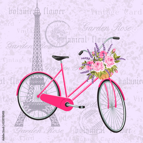 Pink bicycle with a basket full of flowers. Vintage postcard background with eiffel tower. Vector illustration