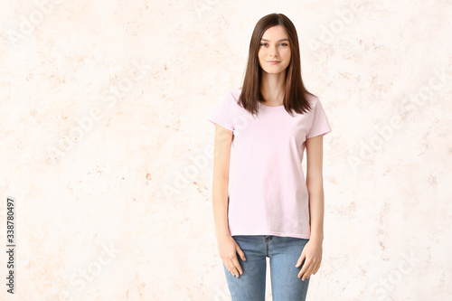 Woman in stylish t-shirt on...