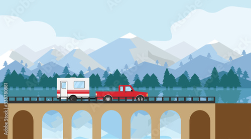 The car rides on the bridge. A pickup truck with a trailer crosses a bridge against a mountain landscape. Vector illustration.
