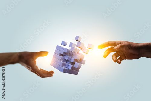 Cuadro en lienzo Hand holding glowing cubes. Innovation and creativity concept.