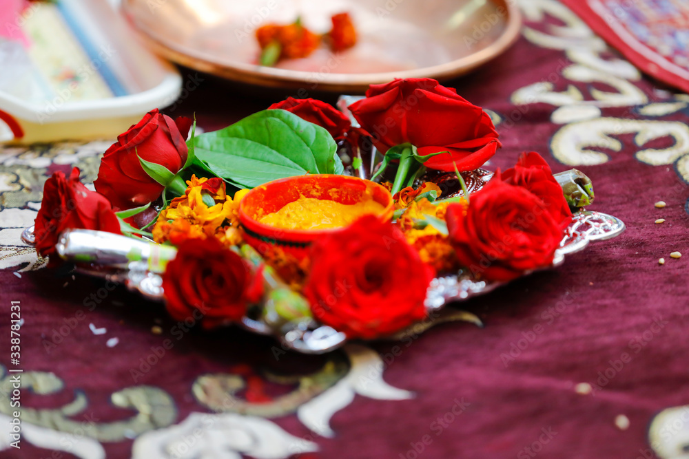 Traditional wedding ceremony in Hinduism: Turmeric in plate for haldi ...