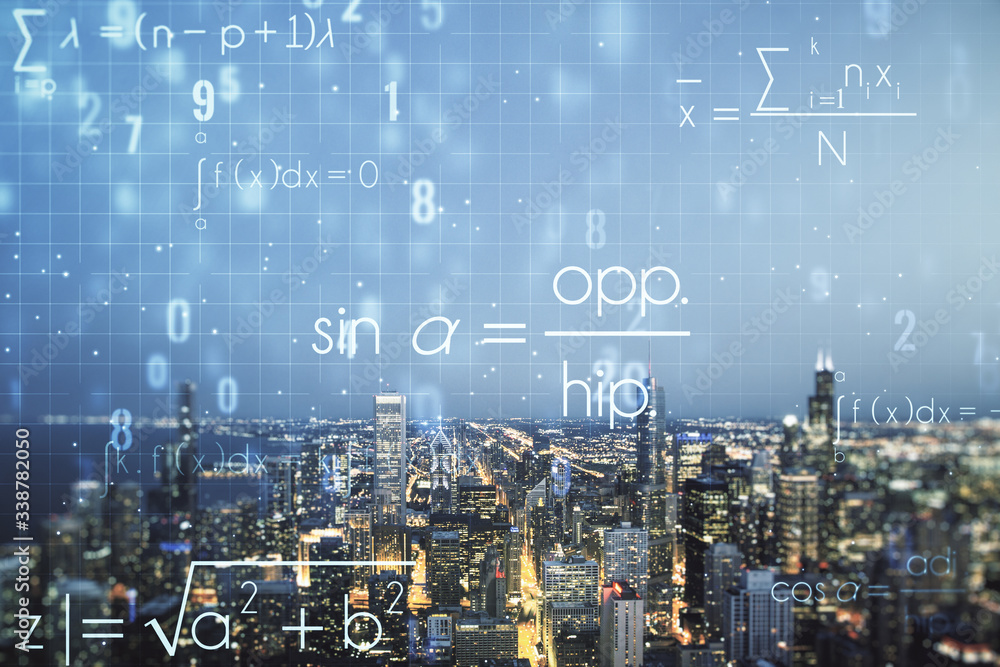 Double exposure of scientific formula hologram on Chicago city skyscrapers background, research and development concept Double exposure of scientific formula hologram on Chicago city skyscrapers background, research and development concept
