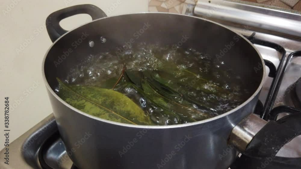 Footage of a boiling water with green leaves into a pot on the stove