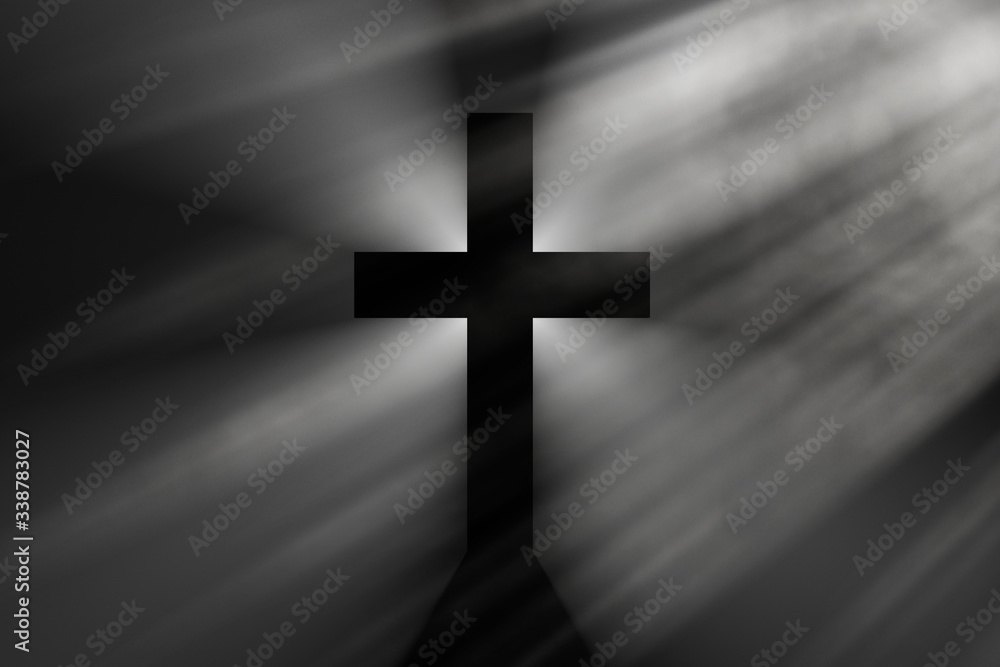 Black cross in the rays of light, simple Christian cross sign, 3D rendering illustration.