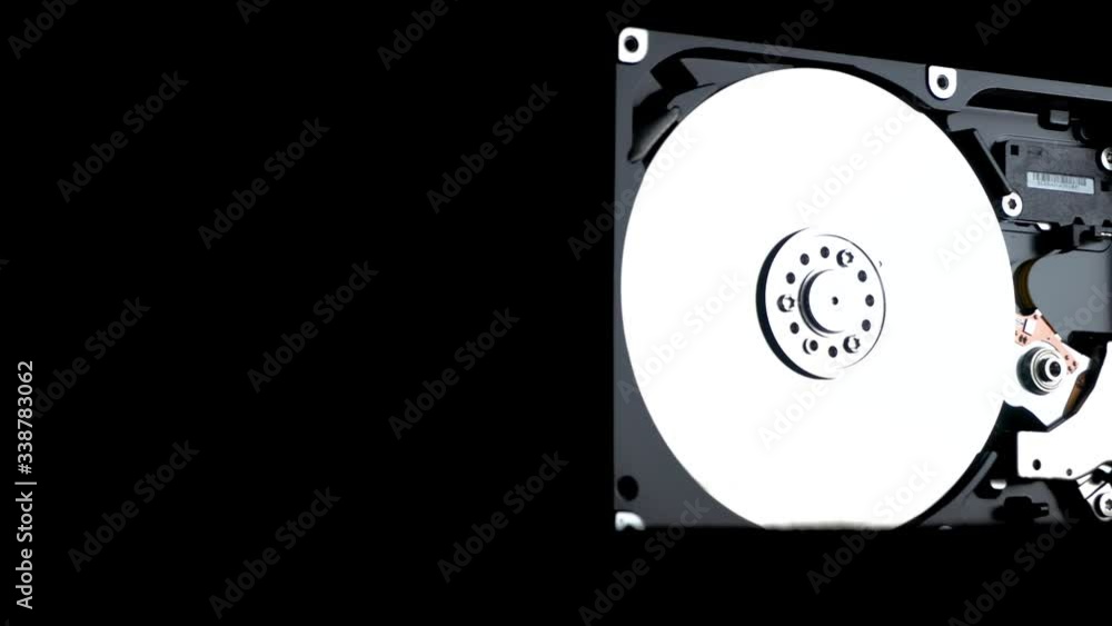 Close up view of inside parts of hard disk drive with cover removed