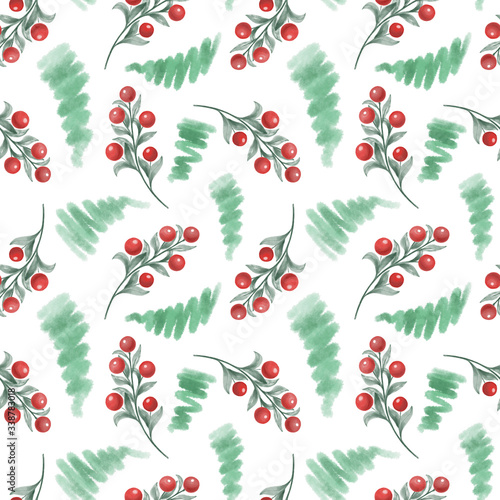 Red berry with green decor seamless pattern. Cranberry repeat tile for textile, apparel, fabrics.