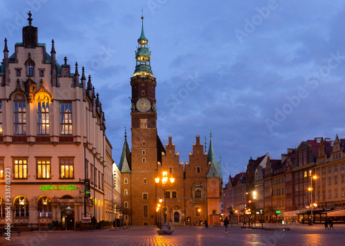 Wroclaw, Poland - March 13, 2020: Town Hall in the Market square at night. Wroclaw. Poland