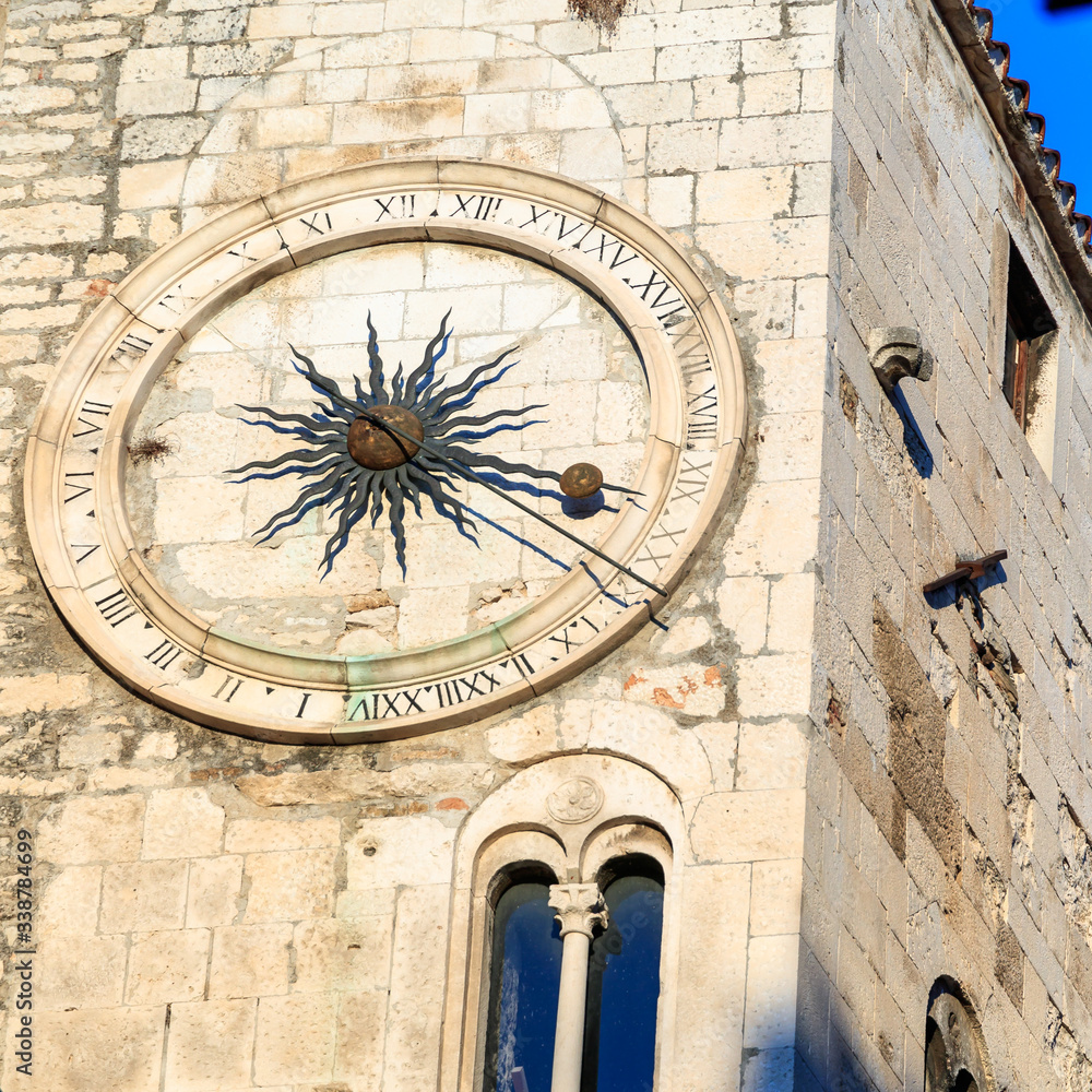 SPLIT, CROATIA - 2017 AUGUST 15. Famous ancient clock tower in the old town of Split, Croatia.