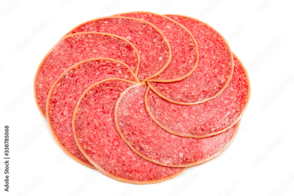 Salami slices isolated on white background. Salami slices isolated on white background.