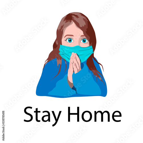 masked girl asks to stay at home. praying child. isolated on white background