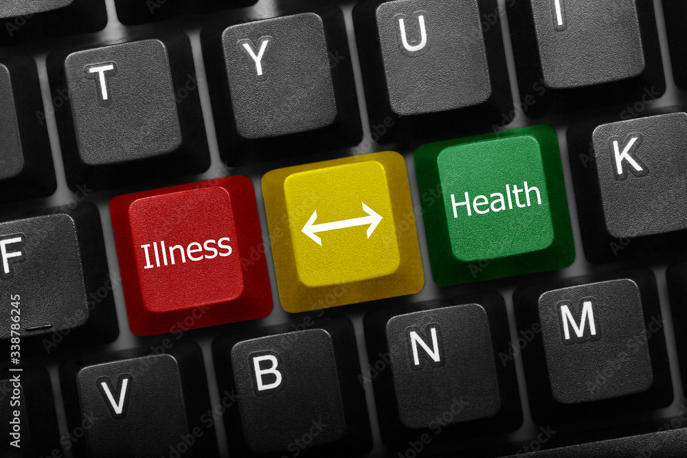 Three keys conceptual keyboard - Illness and Health keys with arrow Three keys conceptual keyboard - Illness and Health keys with arrow
