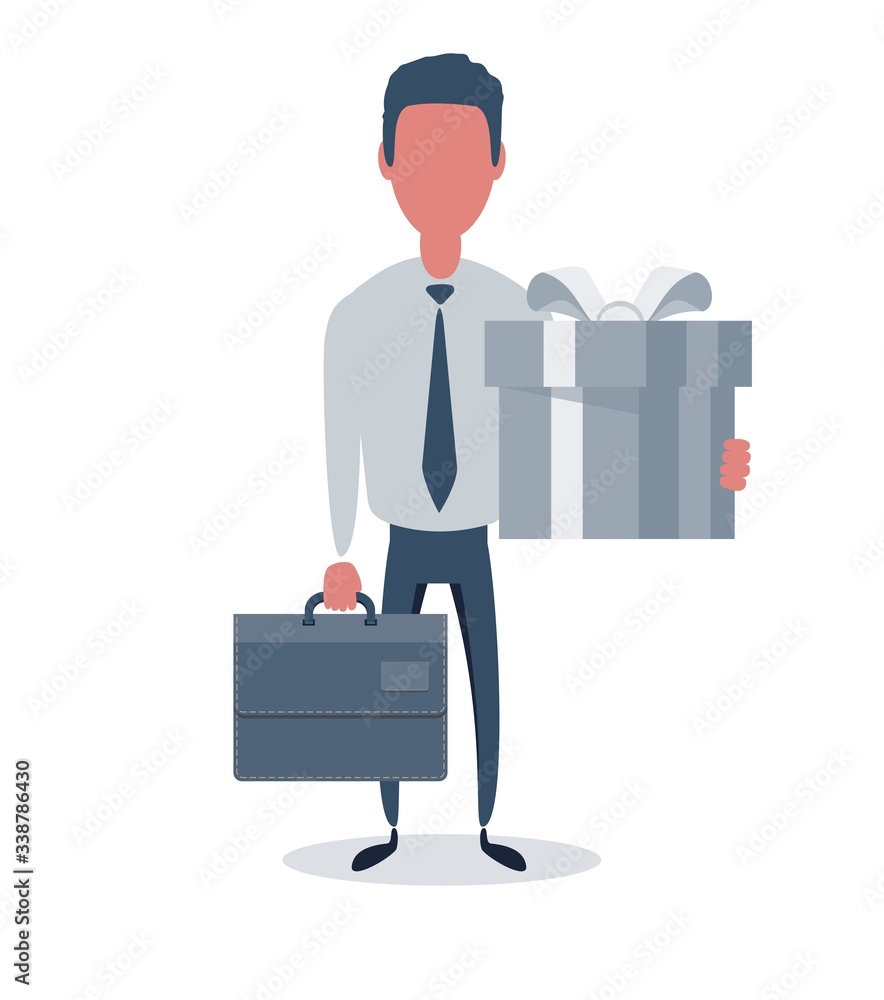 Businessman or clerk. Male character in trendy simple style with objects, flat vector illustration. Business concept. Isolated on white background. Businessman or clerk. Male character in trendy simple style with objects, flat vector illustration. Business concept. Isolated on white background.