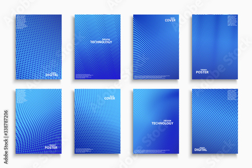 Collection of blue digital contemporary covers, templates, posters, placards, brochures, banners, flyers and etc. Abstract halftone backgrounds - technology minimalistic design