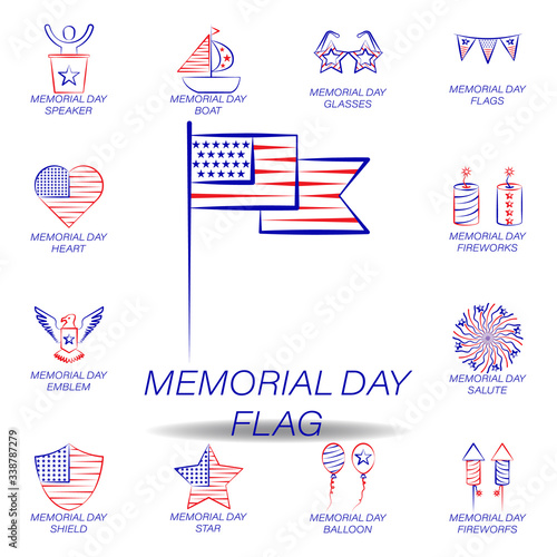 memorial day flag colored icon. Set of memorial day illustration icon. Signs and symbols can be used for web, logo, mobile app, UI, UX on white background