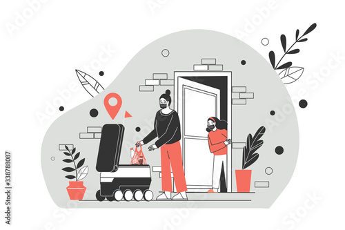 Contactless delivery concept illustration. Robot courier delivers, brings parcels to the house. The use of modern technology in courier delivery.