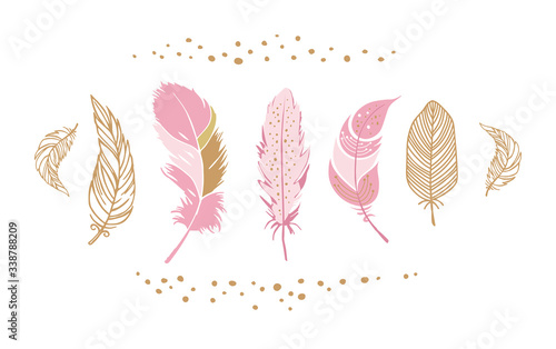 Set of feathers in boho style. Gold and pink shades and colors.