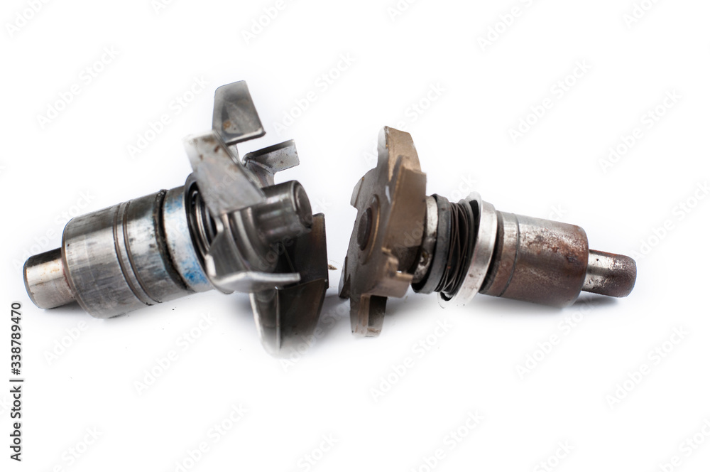Old car parts isolated on white background.Copy space Old car parts isolated on white background.Copy space