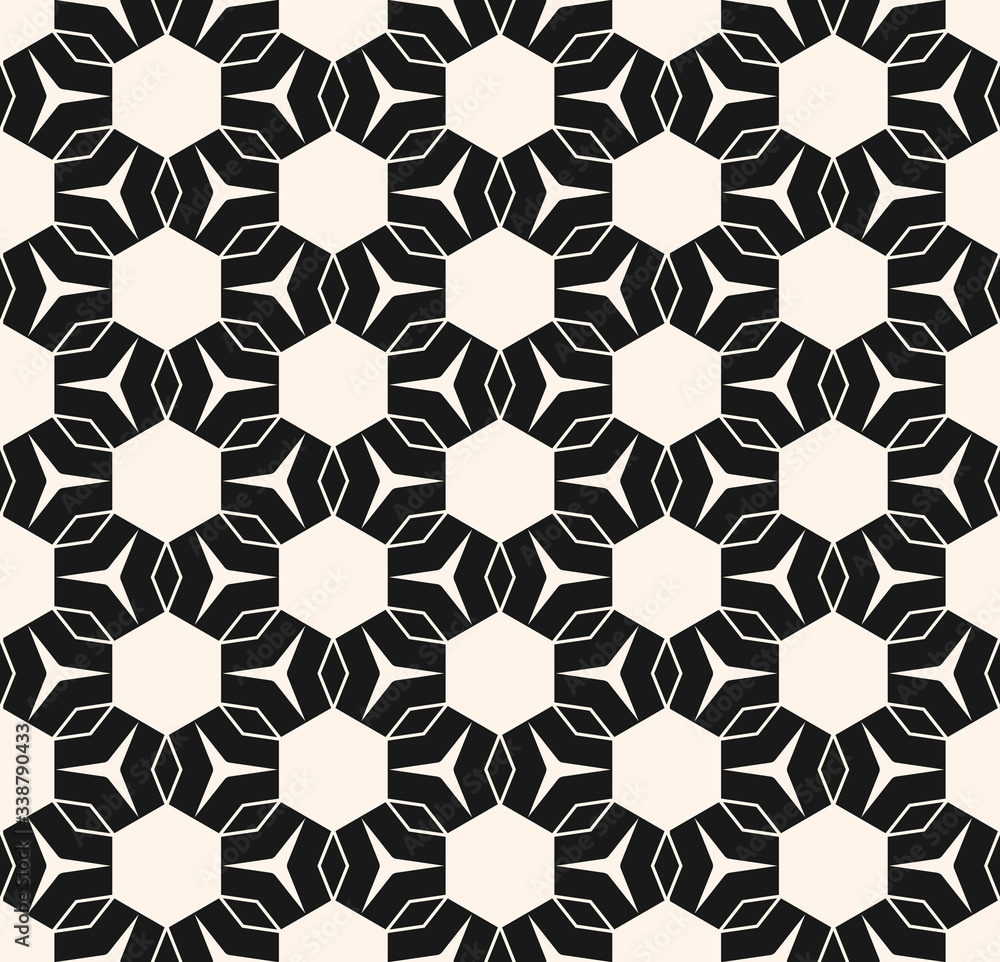 Vector geometric texture. Modern seamless pattern with simple shapes, hexagons, rhombuses, triangles. Abstract monochrome geometrical floral ornament. Black & white repeat background. Stylish design Vector geometric texture. Modern seamless pattern with simple shapes, hexagons, rhombuses, triangles. Abstract monochrome geometrical floral ornament. Black & white repeat background. Stylish design