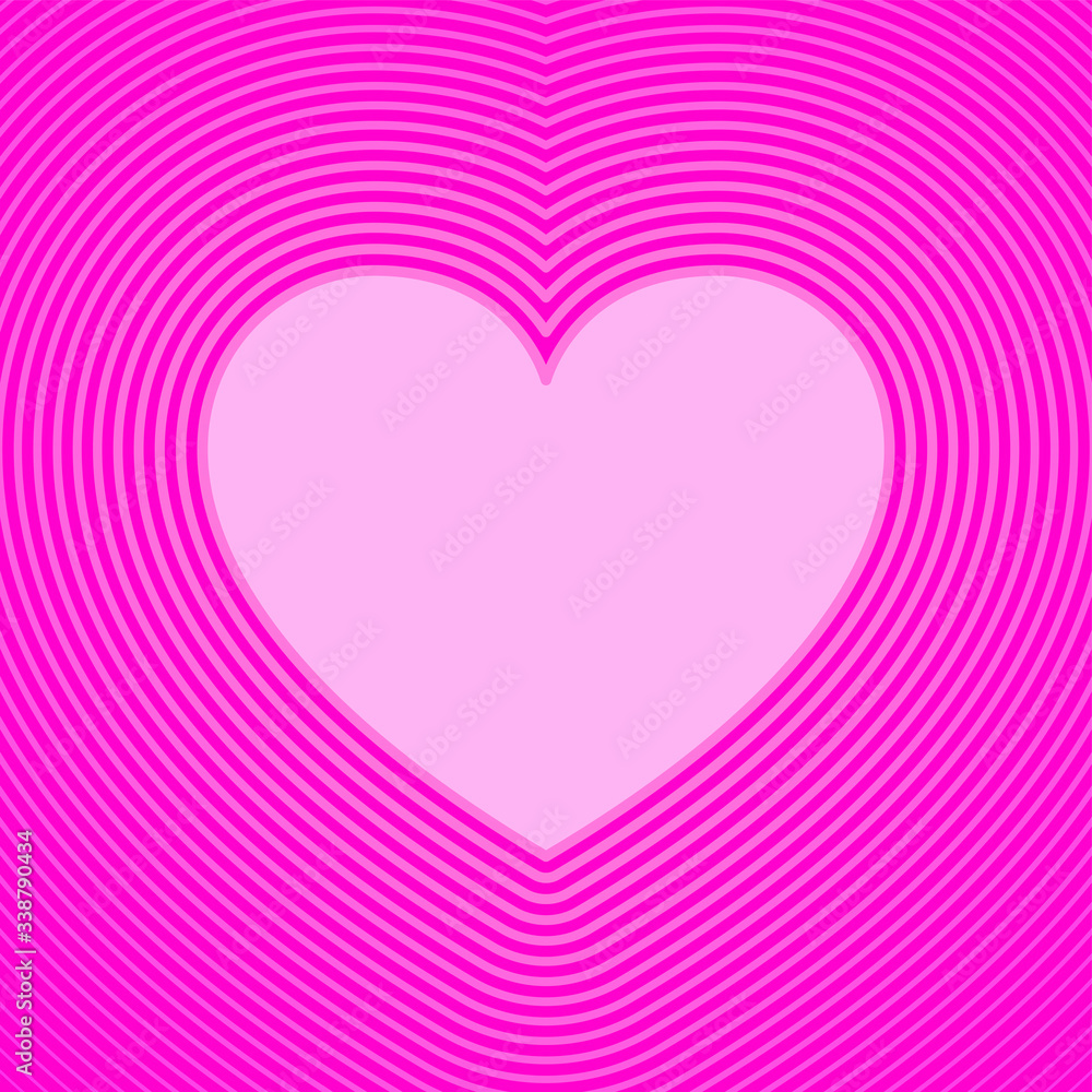 Pink heart symbol with offset lines. Template for use as a background or for a greeting card. The heart shape is an ideograph used to express emotions such as romantic love. Illustration. Vector.