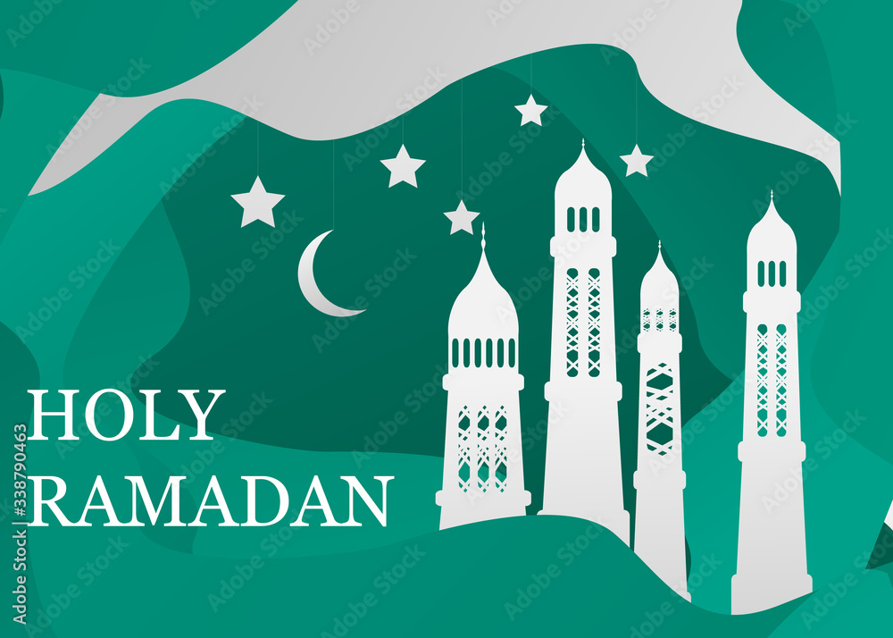 Vector Ramadan Kareem card. Vintage paper banner with mosque, moon, stars, sun and cloud for holy Ramadan wishing. Arabic decor in Eastern style. Islamic muslim background illustration