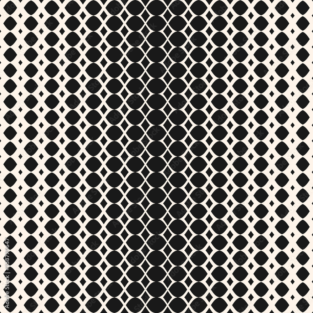 Vector geometric halftone seamless pattern. Hipster fashion design. Abstract monochrome texture with gradient transition effect. Simple geometrical shapes, ovals, rhombuses. Creative modern background Vector geometric halftone seamless pattern. Hipster fashion design. Abstract monochrome texture with gradient transition effect. Simple geometrical shapes, ovals, rhombuses. Creative modern background
