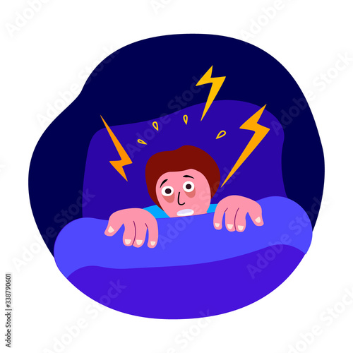 Afraid Trembling Man, Insomnia and Panic Attack. Worried Scared Person Can not Sleep with Disturbance,Fear,Psychosis in Bed at Night. Nightmare Sleeplessness.Frustrated,Phobia.Flat Vector Illustration photo