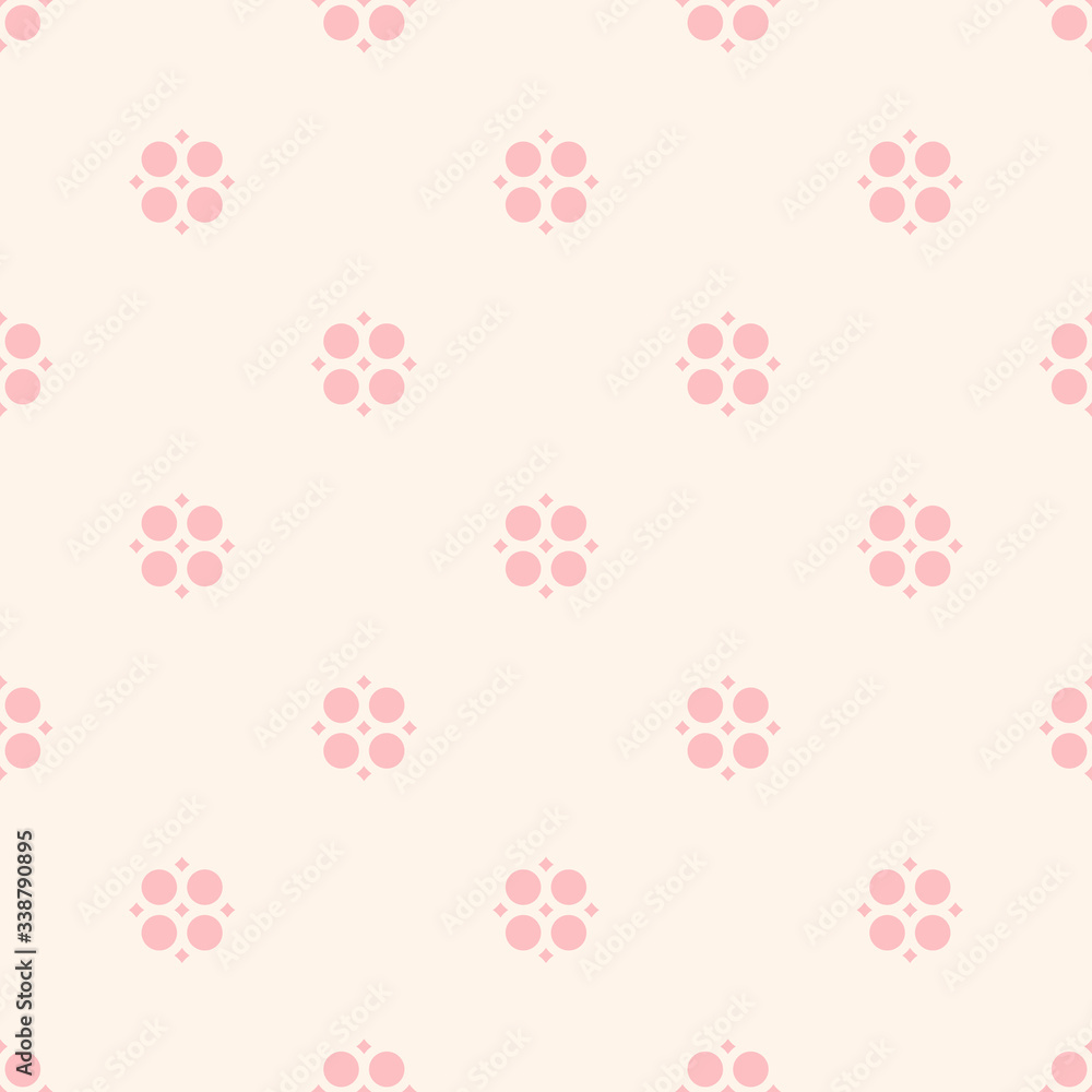Cute vintage floral pattern for girls in trendy pastel colors, pink and beige. Vector abstract geometric seamless background with small shapes, circles, squares. Subtle repeat fashionable texture