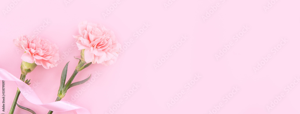 Mother's Day design concept - Pink carnations on a pale pink background with gratitude greeting card and words, top view, flat lay, copy space