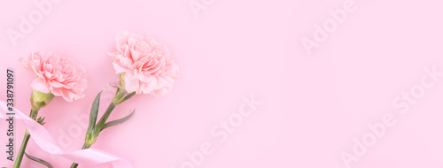 Mother's Day design concept - Pink carnations on a pale pink background with gratitude greeting card and words, top view, flat lay, copy space © RomixImage