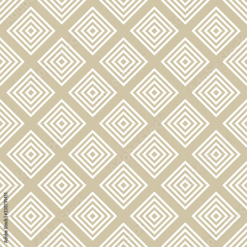 Vector golden geometric seamless pattern with squares, rhombuses, grid, lattice. Abstract white and gold graphic ornament. Modern linear background. Luxury texture. Repeat design for decor, wrapping