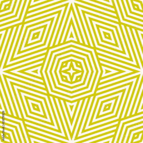 Green vector geometric linear seamless pattern. Modern abstract vector background. Fresh summer graphic texture with stripes, triangles, rhombuses, diagonal lines, octagons. Creative repeatable design