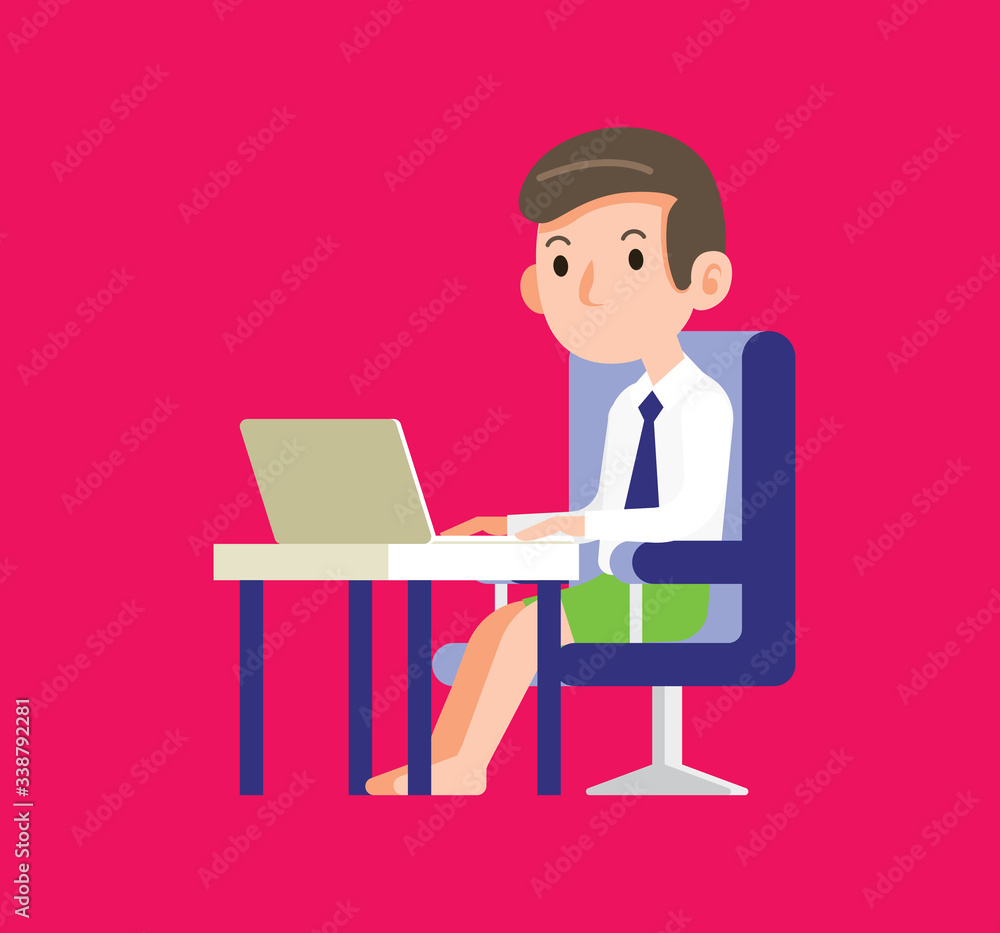 Work from home. A businessman stay at home and working with his notebook at the workplace. A young man wearing short pant when work from home. - vector character Work from home. A businessman stay at home and working with his notebook at the workplace. A young man wearing short pant when work from home. - vector character
